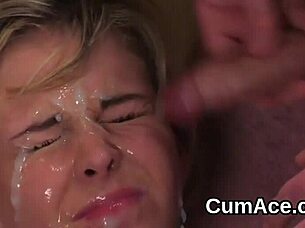 Unusual stunner gets sperm shot on her face sucking all the jizm