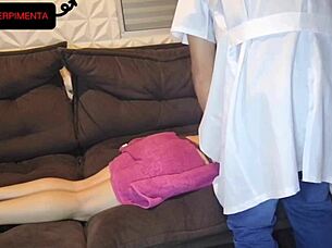 Horny teen wife receives blowjob and doggystyle from masseur at home, bending over