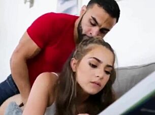 A black performer gives a blowjob in the 7 rings music video style