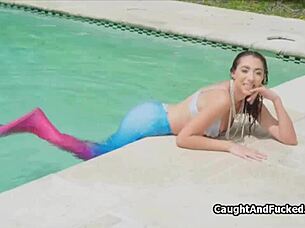 Wet teen mermaid seduces with her wet body on big cock by the pool