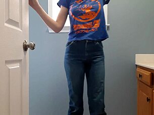 Wetting tight denim jeans in bathroom with panties