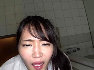 Obedient slender JK gets her tight pussy fingered in pov.