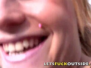 Let's fuck outside - amateur blonde in fishnet squirt outdoor
