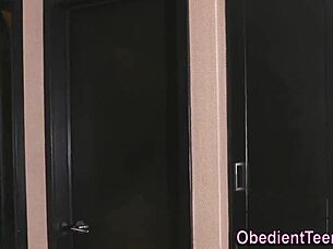 Tattooed teen slut gargles cum after rough BDSM with monster cock.