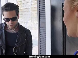 Biker feels intense orgasm with jade amber's small hands on his big cock