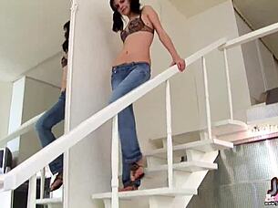 Oh, my tiny jean miniskirt barely hides panties, teasing with teen allure!