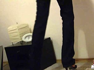 Oh, my tiny jean miniskirt barely hides panties, teasing with teen allure!