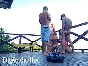 Enjoying the balcony view with curvy women