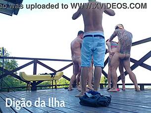 Enjoying the balcony view with curvy women