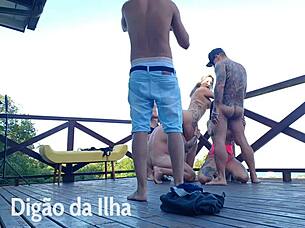 Enjoying the balcony view with curvy women