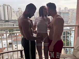 Moreno and alemao fuck skinny girl on balcony