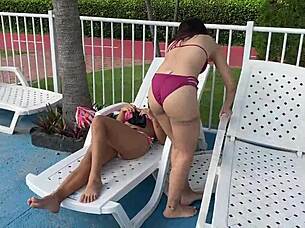 hooking up with a stranger in the condo pool, blowjob and riding included