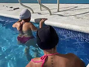 hooking up with a stranger in the condo pool, blowjob and riding included