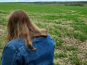 BBW sucking cock with tits and pussy in public field