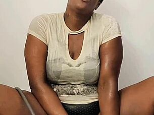 Ebony Babe Masturbates In Shower While Fully Clothed