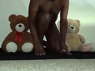 enjoying a threesome with furry toy bears, kissing and playing
