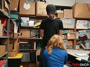 The milf lp officer confronts a male shoplifter in her back office, leading to an encounter.