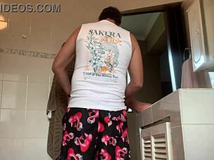 Fucking best friend's wife while he's in living room with petite brunette