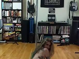 Blonde milf strips black and white skirt, revealing big tits and ass