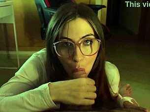 Cumshot and sex with glasses girl in suggestive poses