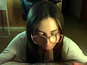 Cumshot and sex with glasses girl in suggestive poses