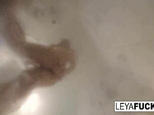 Blonde babe Leya Falcon takes camera into shower for solo masturbation 😊