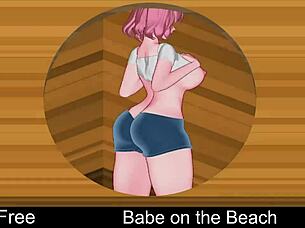 babe plays game on the beach in anime style
