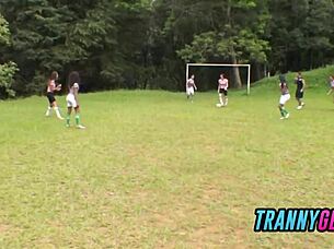 Soccer trainer’s tight hole banged by horny trannies outdoors
