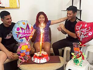 Stepsons celebrate stepmother's birthday with surprise anal gift