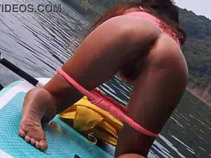 Pissing On Sup Board At Mountain Lake