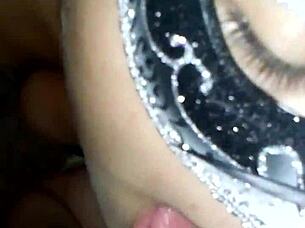 latina wife explores toys in mask