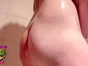 Young asian babe bathes and playfully fingers her wet pussy in close-up shower