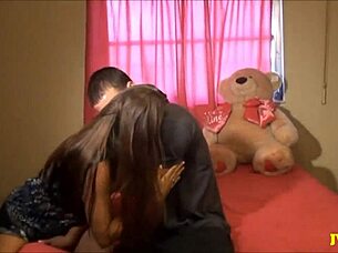 busty brunette babe jerks off guy with big tits masturbation