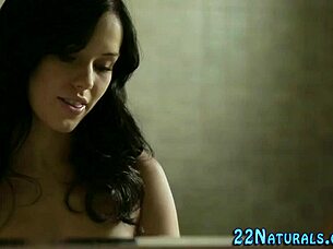 Brunette babe gives handjob and blowjob