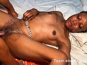 Pipe down, petite ghetto hoe, as black monster cock fucks your ass bent over