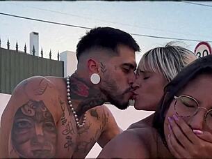 menage na piscina - french blonde's first wild outdoor threesome