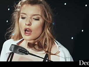 deeper mia melano bound and dominated on stage with big tits in doggystyle sex and facial