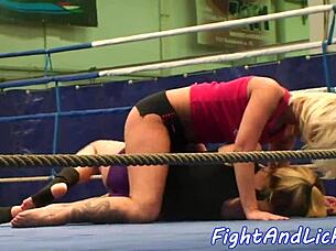 lesbian babes engage in naked wrestling match