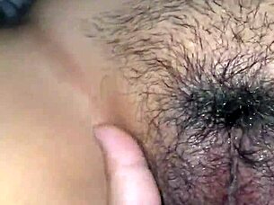 latina girlfriend's hairy tight pussy gets fingered until creamy wet cum leaks out in scandal