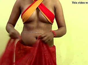 A woman wears a retro saree for a fashion show.