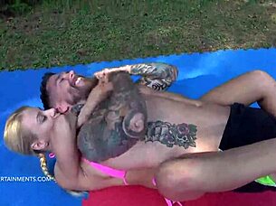 sports guy dean dives into shaved pussy outdoors, making her moan loudly