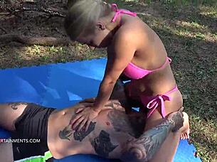 sports guy dean dives into shaved pussy outdoors, making her moan loudly