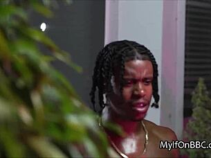 In the sunny poolside setting, a big tit milf gets her wet pussy deeply penetrated by a massive bbc in hardcore interracial action.