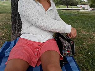 Blonde Flashes Small Tits And Shaved Pussy Outdoors!