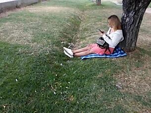 Blonde Flashes Small Tits And Shaved Pussy Outdoors!