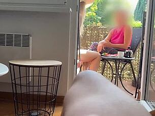 my husband jerks off and cums in front of my stepmom on the balcony