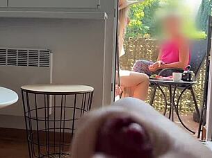 my husband jerks off and cums in front of my stepmom on the balcony