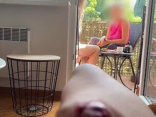 my husband jerks off and cums in front of my stepmom on the balcony