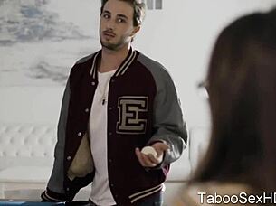 Does this brunette teen suck the football player's cock?