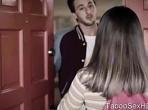 Does this brunette teen suck the football player's cock?